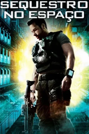 Homem com colete tático e rifle futurista olhando para baixo, em cenário sci-fi azulado com luz amarela intensa. Clima de ação.