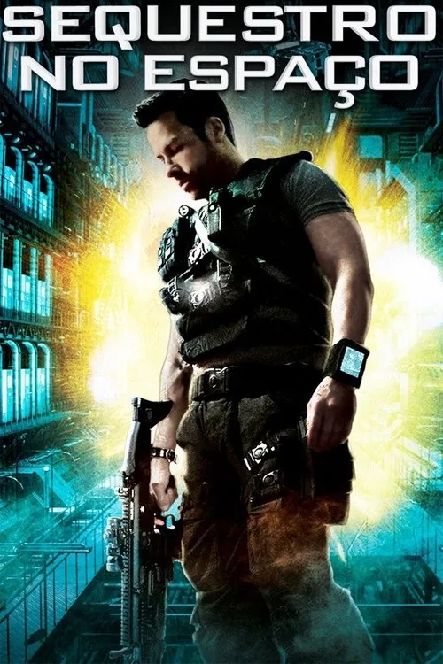 Homem com colete tático e rifle futurista olhando para baixo, em cenário sci-fi azulado com luz amarela intensa. Clima de ação.