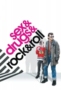 Um roqueiro envelhecido de óculos e bengala e um jovem de jersey posam. Fundo branco com texto sex &drugs &rock &roll.