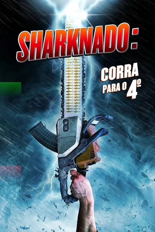 Sharknado:Corra para o 4º 1 Mão empunha uma motosserra/rifle com lâmina de tubarões. Céu tempestuoso,com raios e muitos tubarões voando. Clima caótico.