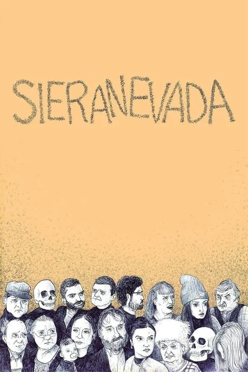 Pôster laranja claro com uma multidão densa de personagens de todas as idades e dois crânios. Desenho detalhado com clima pensativo.