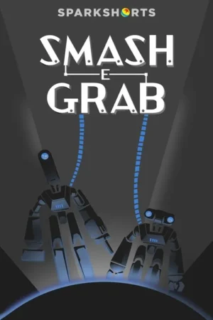 Pôster com dois robôs escuros com detalhes azuis luminosos em um palco iluminado por holofotes, conectados por cabos azuis ao título branco. Ambiente futurista e tenso.