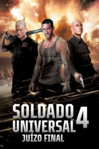 Três homens musculosos e sérios,dois armados (espingarda e pistola),um ensanguentado,em fundo caótico de explosões e guerra.