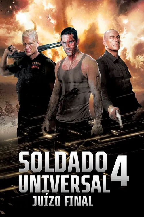 Três homens musculosos e sérios,dois armados (espingarda e pistola),um ensanguentado,em fundo caótico de explosões e guerra.