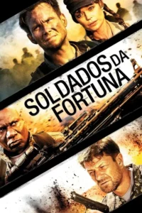 Pôster de ação. Quatro soldados, três homens e uma mulher, com rostos sujos e armados, em um cenário de guerra com explosões.