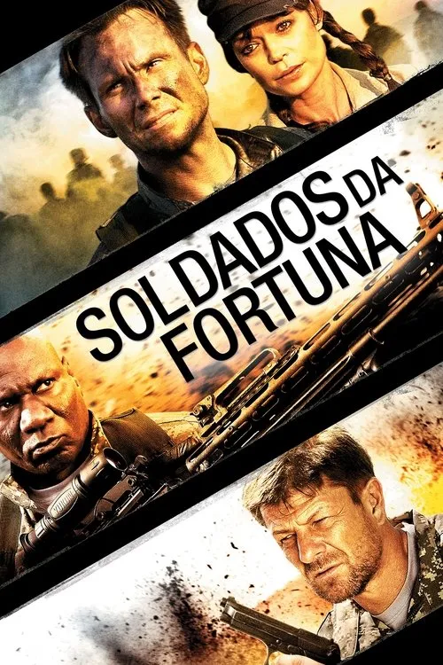 Pôster de ação. Quatro soldados, três homens e uma mulher, com rostos sujos e armados, em um cenário de guerra com explosões.