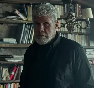 Homem grisalho com barba, olhar intenso, em camisa escura. Atrás, estantes rústicas com muitos livros. Ambiente escuro e misterioso.