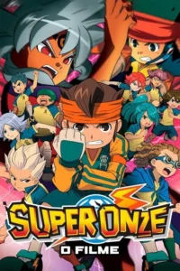 Pôster anime com jovens de uniforme esportivo,um central com punhos cerrados. Fundo com relâmpagos roxos e uma figura gigante e ameaçadora.