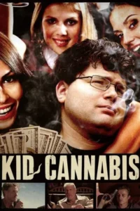 Pôster:Homem de óculos fumando entre mulheres sorridentes e notas de dólar. Cenário de festa/crime com outros personagens em painéis,um com arma.