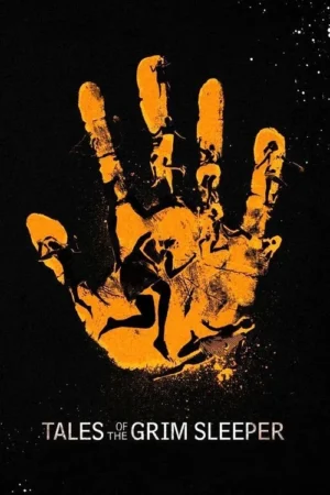 Pôster preto e laranja com silhueta de mão gigante cheia de pessoas correndo e caindo. Clima urgente e sombrio.