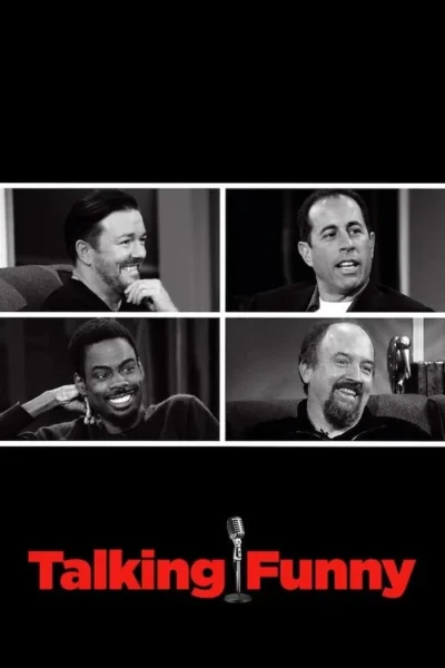 Pôster em P&B: quatro homens sorriem em quadros separados. Abaixo, um microfone vintage. Clima descontraído de bate-papo.