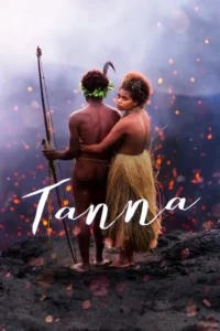 Casal indígena em terra escura. Ele com arco, ela o abraça e olha à frente. Fundo com fumaça e brilhos avermelhados de vulcão.