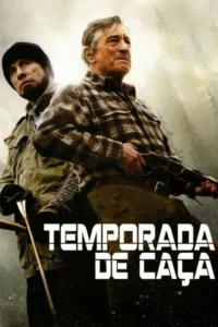 Dois homens,um com rifle e outro com arco,em floresta nublada. Expressões sérias e determinadas sugerem caça ou confronto.