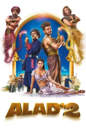 Pôster vibrante: mulher glamurosa, dois homens determinados, e dois gênios etéreos. Cenário de cidade árabe sob céu estrelado.