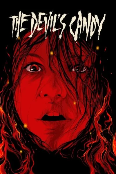 Pôster sombrio. Rosto feminino vermelho vibrante, olhos arregalados, cabelo escuro bagunçado e chamas. Expressão de terror.