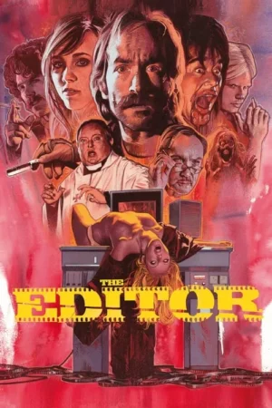 Pôster de terror retrô. Vários rostos em pânico, mulher amarrada a equipamento de edição, padre com navalha, zumbi. Fitas de filme.