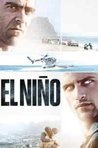 Pôster colagem:dois homens intensos,cenas costeiras com helicóptero,carros e perseguição. Um casal abraçado. Clima de ação e drama.