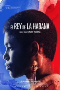 Jovem negro de perfil,cabelo afro,rosto dividido em azul e vermelho. Pequena mulher aparece na nuca. Cidade ao fundo. Clima dramático.