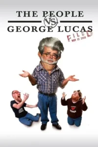 Caricatura de cineasta confuso,braços abertos. Dois fãs o confrontam:um zangado puxa,outro implora de joelhos.