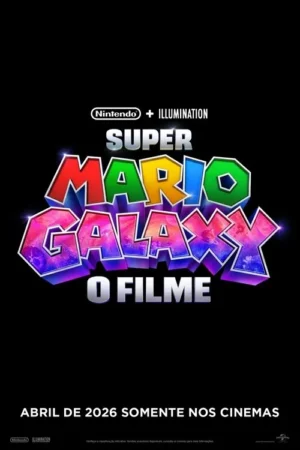 Pôster preto com título 3D. As letras superiores são coloridas em vermelho, verde e azul. As inferiores roxas e rosas, com galáxias e estrelas. Clima cósmico e vibrante.