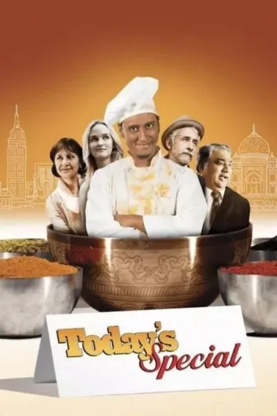 Chef sorridente em grande tigela, com elenco diverso atrás. Cenário une Nova York e arquitetura indiana, com especiarias e clima culinário alegre.