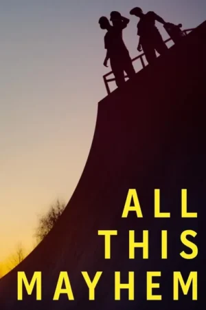 Silhuetas de três pessoas, uma com skate, no topo de uma rampa ao pôr do sol, contra um céu gradiente de azul e laranja.