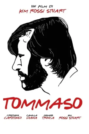 Pôster minimalista P&B: Perfil de homem barbudo. Uma mulher de cabelos longos e braços erguidos surge do cabelo dele. Clima introspectivo.