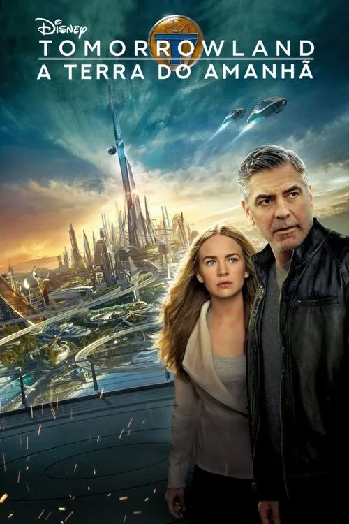 Tomorrowland:Um Lugar Onde Nada É Impossível 1 Pôster de ficção científica:um homem e uma mulher sérios,com uma futurista cidade vibrante de arranha-céus e veículos voadores ao fundo.
