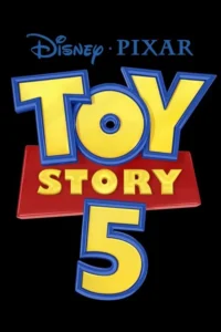 Logotipo estilizado com TOY STORY em letras amarelas 3D e contorno azul,sobre um fundo vermelho para STORY. Um grande 5 amarelo 3D. Fundo preto com marcas Disney e Pixar.