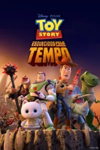 Brinquedos de animação:caubói,astronauta,dinossauros e gato. Estão em pose de batalha num cenário rochoso com céu alaranjado. Clima épico.