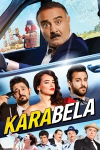 Um homem assustado num carro,com um palhaço armado no fundo. Outros personagens incluem uma mulher glamourosa e um homem com uma arma na cabeça. Clima caótico e cômico.