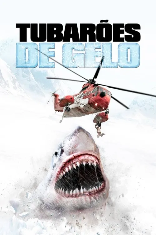 Um tubarão gigante de boca aberta salta da neve sob um helicóptero vermelho com uma pessoa pendurada. Clima de ação e perigo no gelo.
