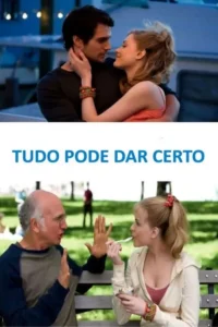 Pôster contrastante:casal romântico se abraça à noite. Abaixo,um homem careca gesticula para uma jovem que come em um parque. Humor e romance.
