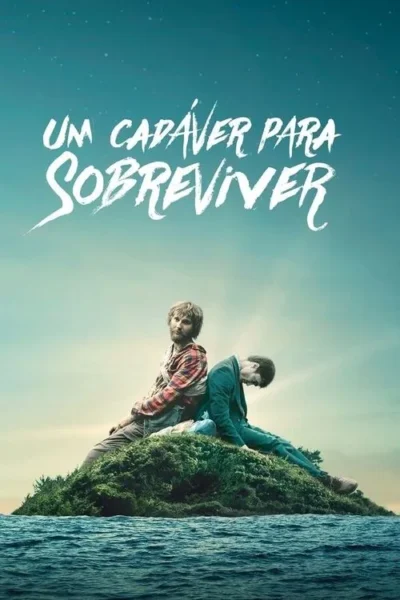 Dois homens isolados em uma ilha verde. Um vivo, barbudo, o outro inerte em terno, de costas. Mar calmo e céu estrelado.