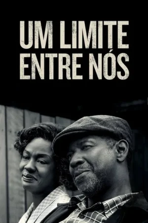 Pôster P&B de um casal afro-americano maduro. O homem de boné e barba, a mulher com olhar sério. Fundo rústico de madeira.