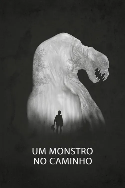 Pôster em tons de cinza. Silhueta infantil com ursinho frente a um monstro translúcido gigante,com árvores nuas. Atmosfera sombria e mágica.