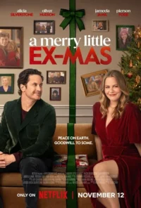 Casal sorridente em um sofá,ele de veludo verde,ela de vestido vermelho. Parede com fotos de família e uma árvore de Natal ao fundo. Clima festivo.