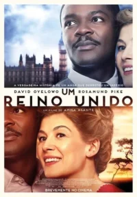 Pôster. Homem negro pensativo e mulher branca sorrindo. Acima,Londres cinzenta;abaixo,savana africana ensolarada. Dois mundos se unem.