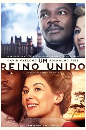 Pôster. Homem negro pensativo e mulher branca sorrindo. Acima, Londres cinzenta; abaixo, savana africana ensolarada. Dois mundos se unem.