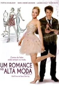 Mulher sorridente em vestido de baile rosa e homem segurando um salto alto. Fundo branco com ilustrações de moda. Clima mágico.