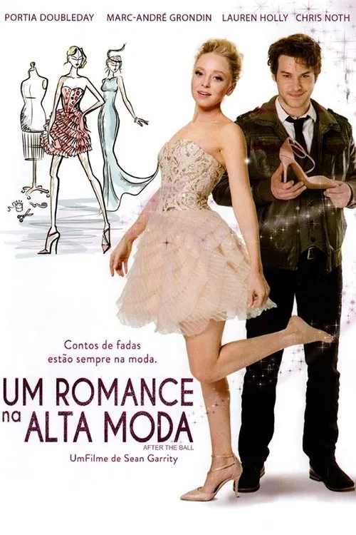Um Romance na Alta Moda 1 Mulher sorridente em vestido de baile rosa e homem segurando um salto alto. Fundo branco com ilustrações de moda. Clima mágico.