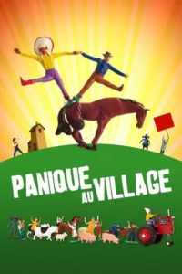 Pôster de animação stop-motion:Caubói e índio se equilibram num cavalo. Pequenos moradores e animais em colina verde. Fundo solar caótico.