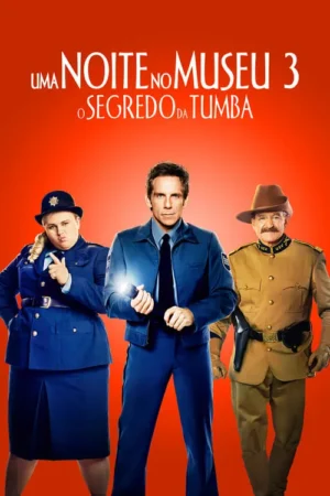 Um guarda com lanterna, uma guarda apontando e um explorador militar sorridente em uniformes variados contra um fundo vermelho. Atmosfera de aventura.