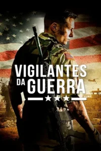 Soldado sério de uniforme camuflado e rifle, com bandeira dos EUA e base militar ao fundo. Clima de ação e guerra.