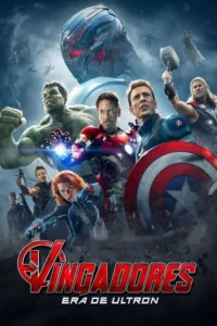 Um robô gigante e ameaçador domina o céu escuro sobre um grupo de super-heróis em ação,incluindo Hulk,Homem de Ferro e Capitão América. O clima é de combate.