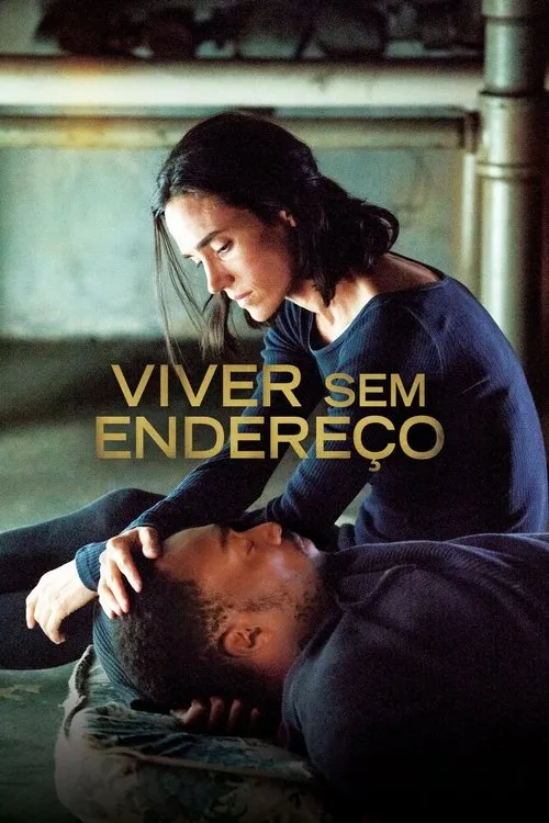 Viver sem Endereço 1 Mulher de cabelo escuro,olhar sério,segura a cabeça de homem barbudo deitado no colo. Cenário cinzento,tom melancólico.