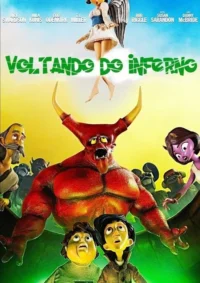 Pôster animado stop-motion. Um anjo desce sobre um demônio vermelho gritando e figuras monstruosas,com dois meninos assustados.
