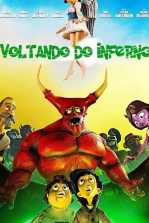 Pôster animado stop-motion. Um anjo desce sobre um demônio vermelho gritando e figuras monstruosas, com dois meninos assustados.