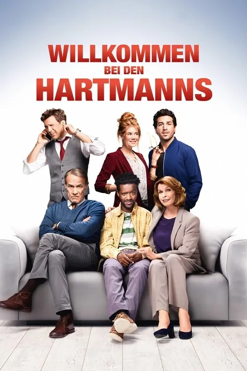 Welcome to Hartmanns 1 Seis pessoas de idades diversas,de pé e num sofá,posam para pôster de comédia. Expressões variam de alegre a séria e estressada. Fundo branco.