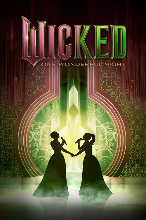 Duas silhuetas femininas cantam,de mãos dadas,em um palco grandioso com detalhes art deco verde e dourado,fundo dramático.